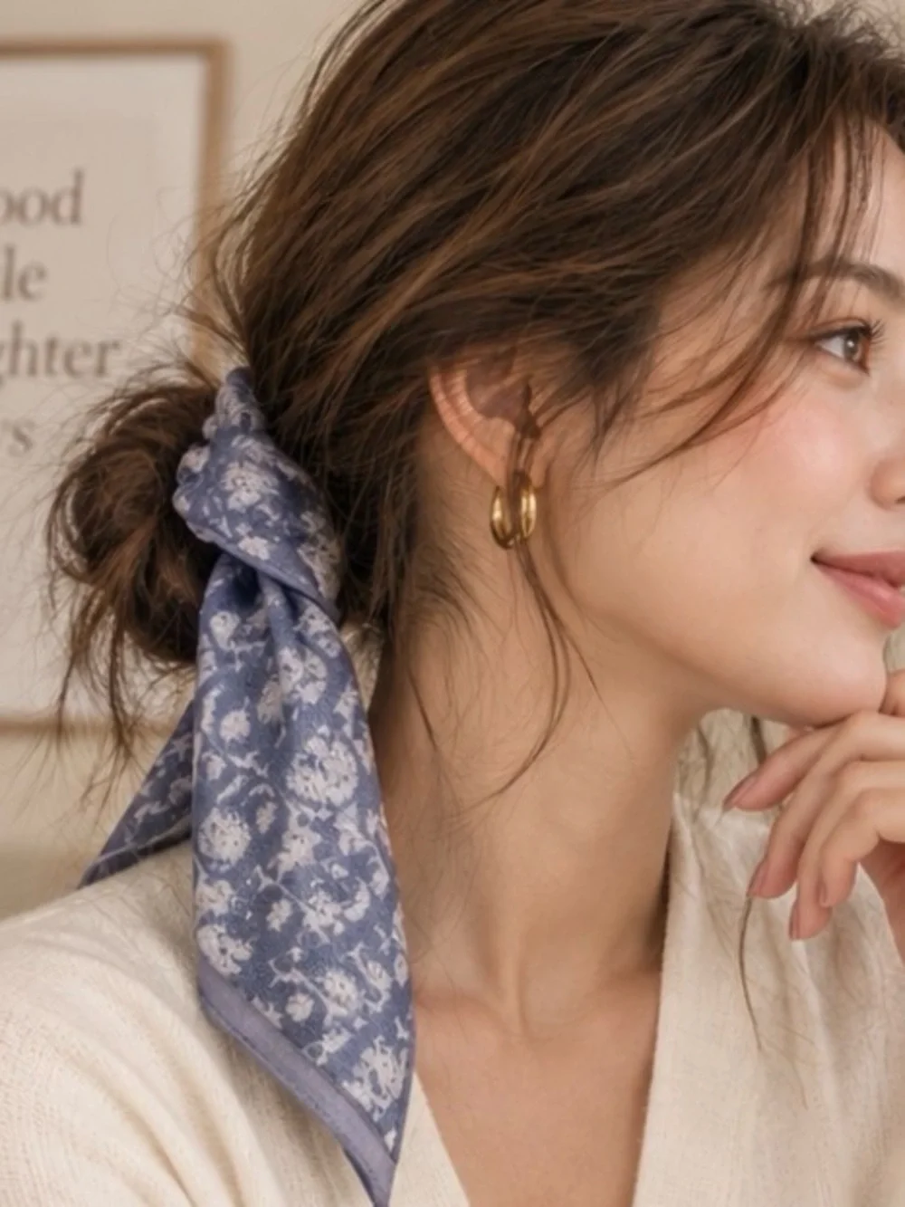 Blue & Ivory Designer-Inspired Toile Print Scarf Hair Tie